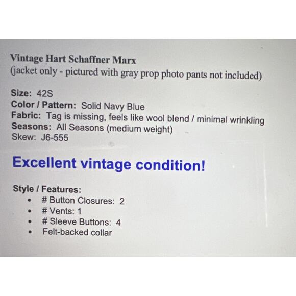 Vintage Hart Schaffner Marx 42S Navy Blue Blazer Silver Tone Crest Buttons - Picture 9 of 12